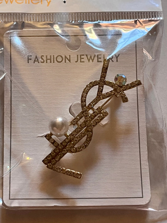 Gold Crystal Letter Brooch with Pearl Accent