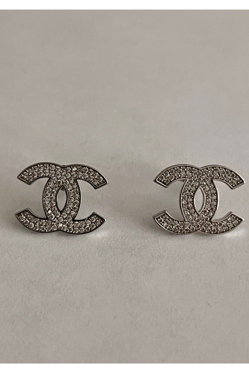 Elegant Wide CC Crystal Earrings Stud, Nickel Free