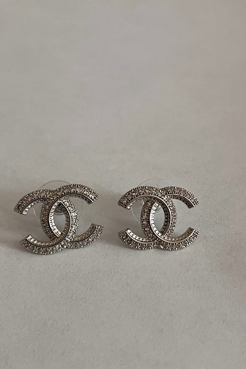 Modern Silver CC Earrings with Linear Stones