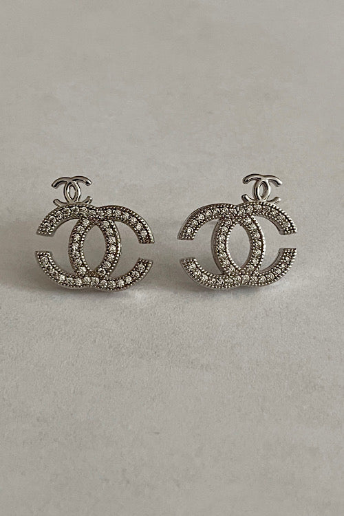 Luxury 925 Silver CC Earrings with Top Logo Detail