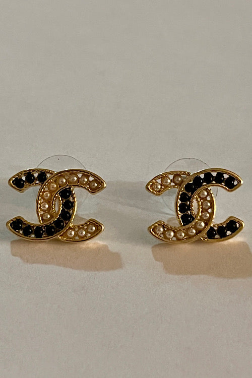 Gold & Black Crystal Two-Tone Double-C Studs