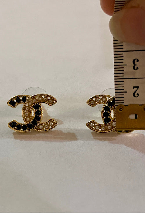 Gold & Black Crystal Two-Tone Double-C Studs