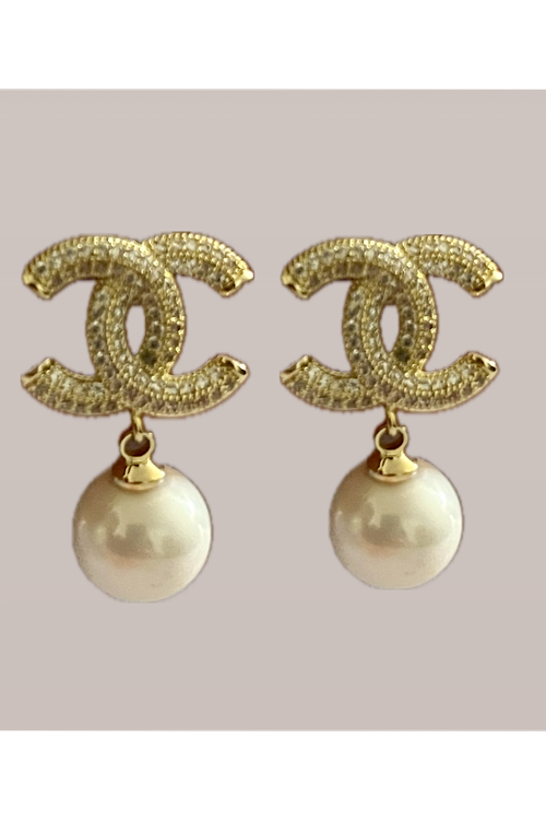 Gold Crystal Double-C Pearl Drop Studs 925 silver