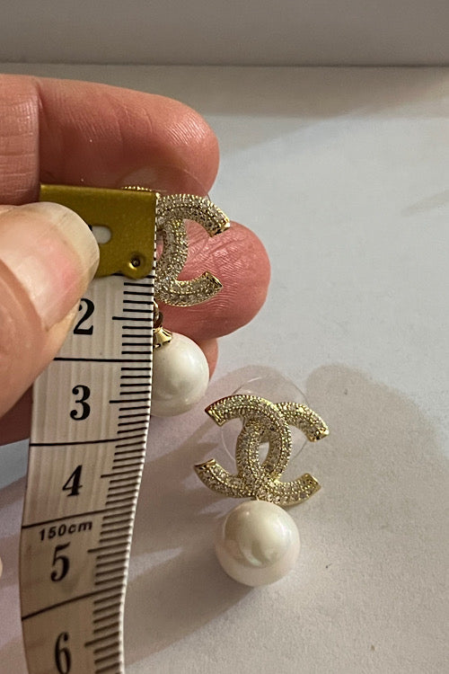 Gold Crystal Double-C Pearl Drop Studs Nickel Free