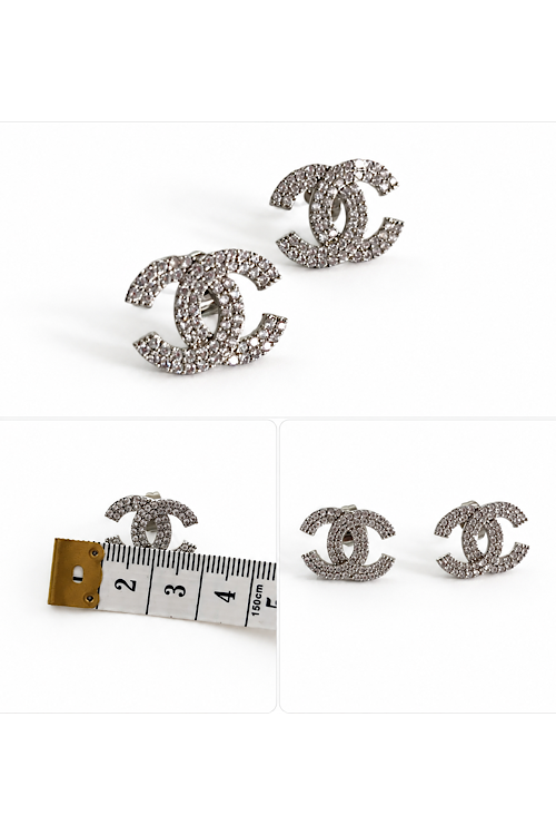 Sparkling Crystal Double-C Logo Stud Earrings – Silver Tone