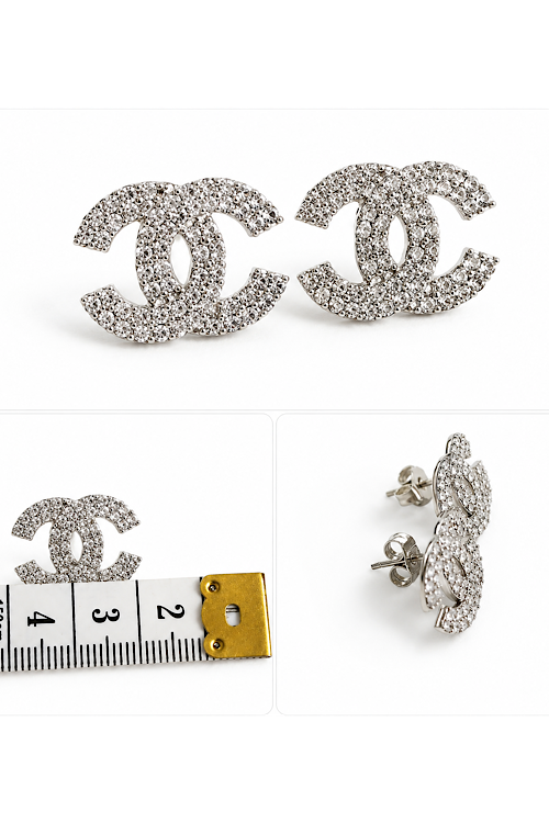 Sparkling Crystal Double-CC Logo Stud Earrings – Silver Tone