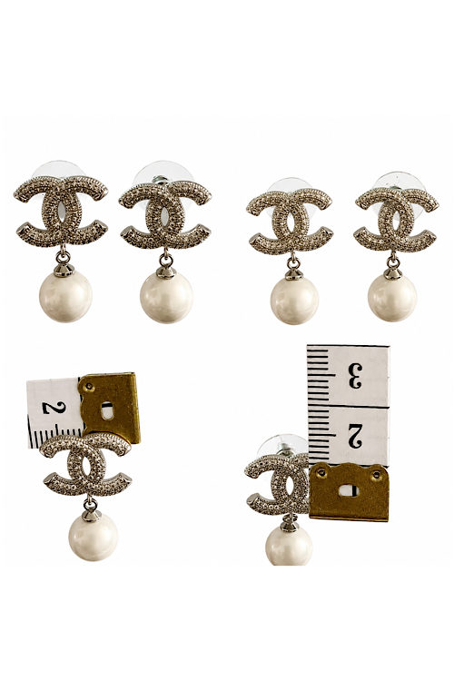 Silver Crystal Double-C Pearl Drop Earrings, Nickel Free