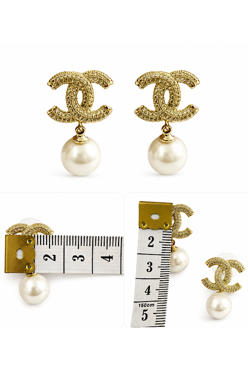 Gold Crystal Double-C Pearl Drop Studs Nickel Free