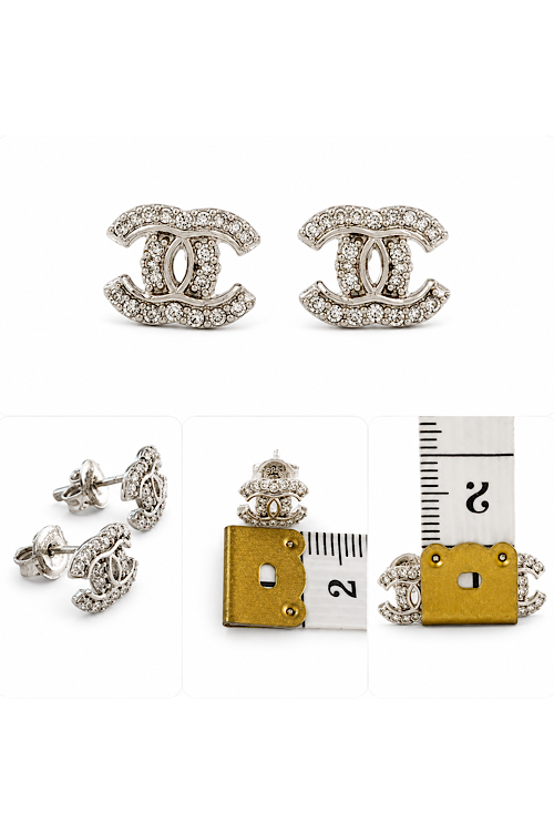 Compact Crystal Double-C Silver Stud Earrings