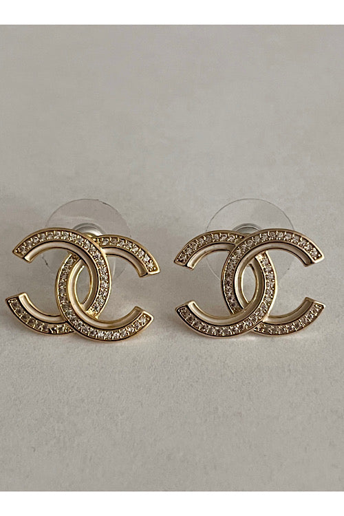 Minimal CC Earrings with Crystal Accents, Gold color, Nickel Free