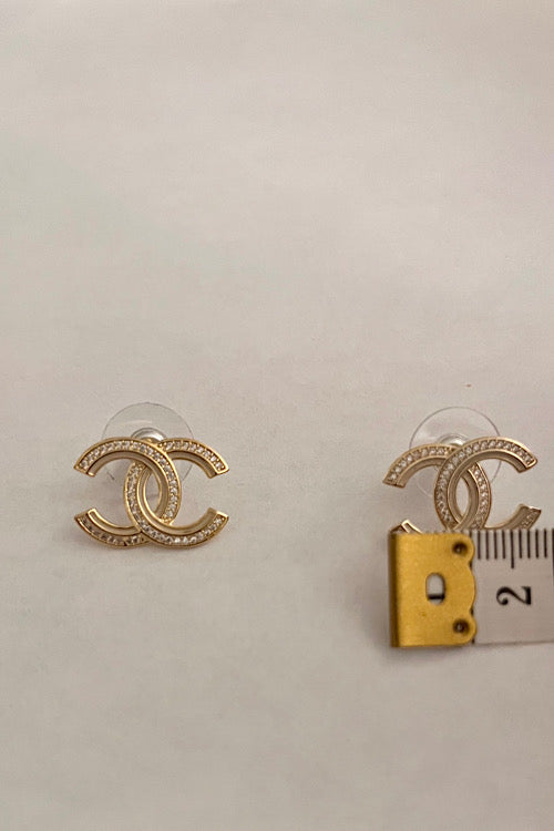 Minimal CC Earrings with Crystal Accents, Gold color, Nickel Free