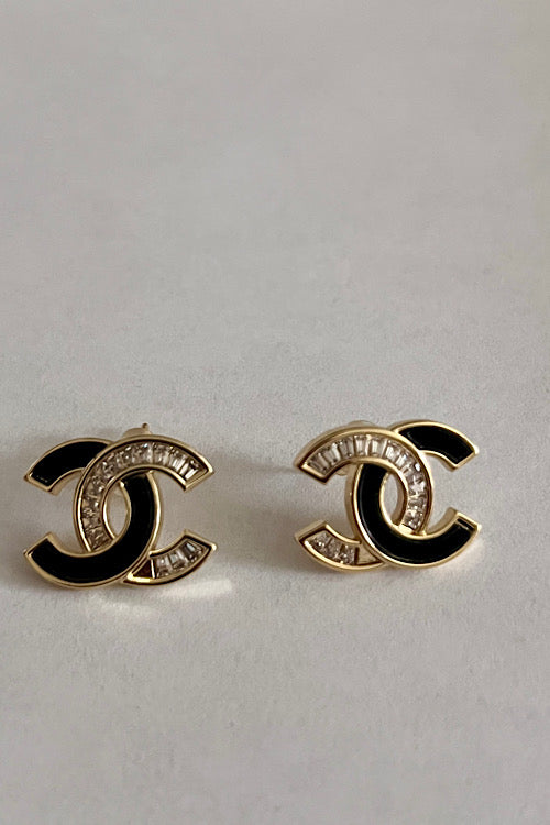 Black & Gold CC Silver Earrings Stud with Baguette Crystals