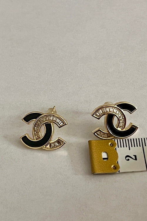 Black & Gold CC Silver Earrings Stud with Baguette Crystals, Nickel Free