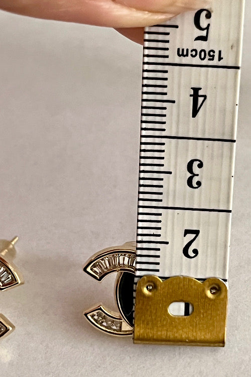 Black & Gold CC Silver Earrings Stud with Baguette Crystals, Nickel Free