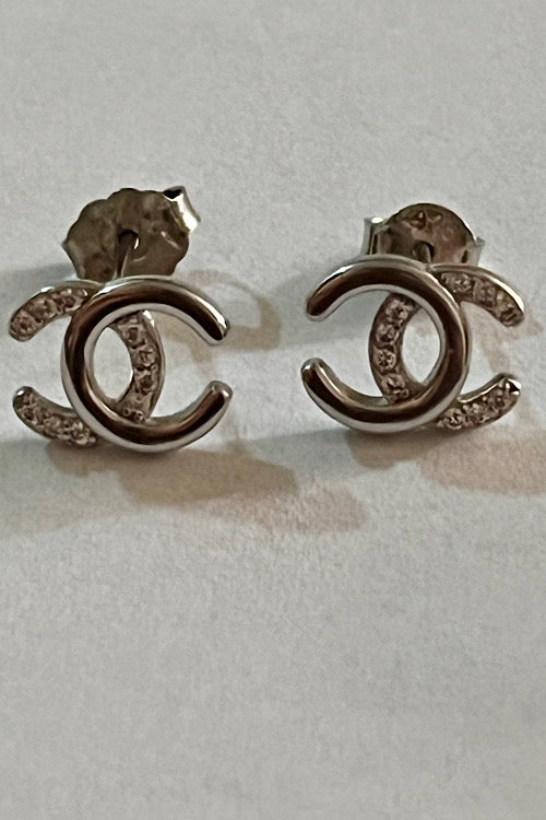 Italian Silver Crystal Double-C Dainty Stud Earrings