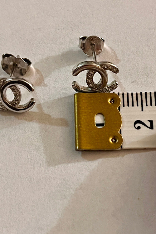 Italian Silver Crystal Double-C Dainty Stud Earrings