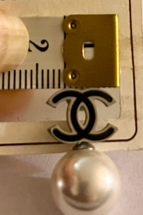 Black Enamel Double-C Pearl Drop Earrings, Stainless Steel, Nickel Free