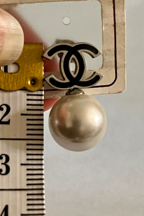 Black Enamel Double-C Pearl Drop Earrings, Stainless Steel, Nickel Free