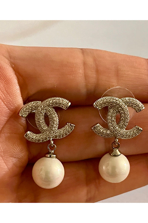 Silver Crystal Double-C Pearl Drop Earrings, Nickel Free