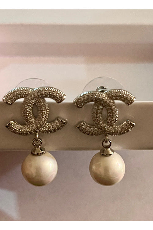 Silver Crystal Double-C Pearl Drop Earrings