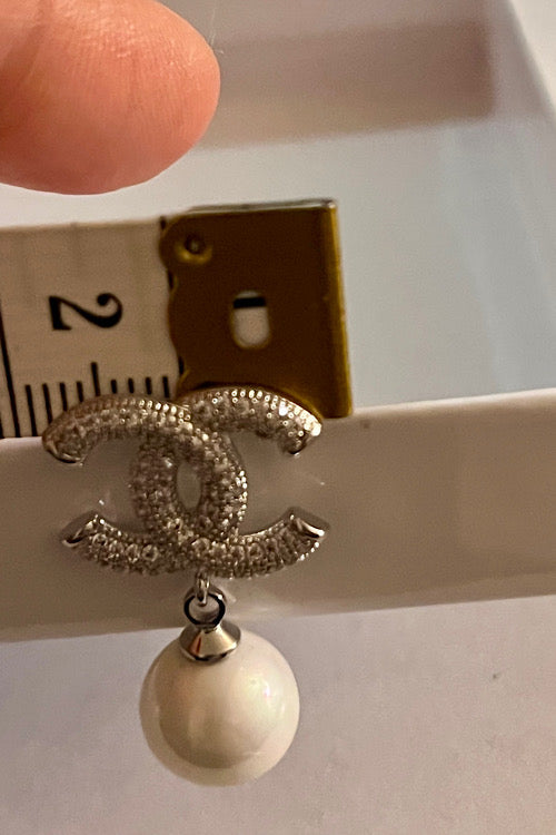 Silver Crystal Double-C Pearl Drop Earrings, Nickel Free