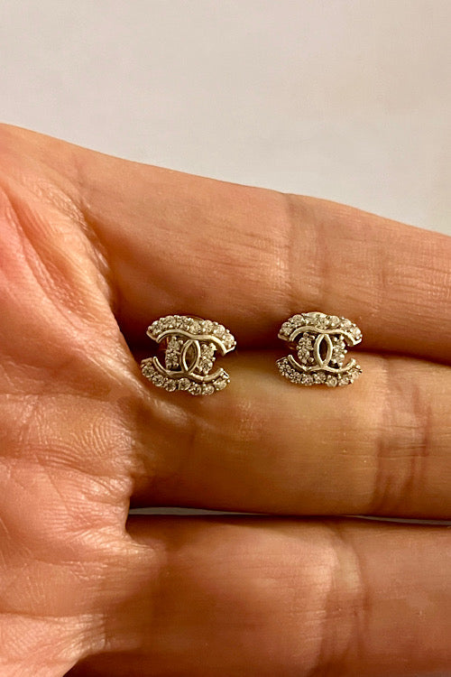 Compact Crystal Double-C Silver Stud Earrings