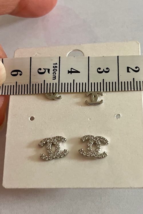 CC Logo Stud Earrings Set – Silver Tone & Crystal Fashion Earrings (2 Pairs)