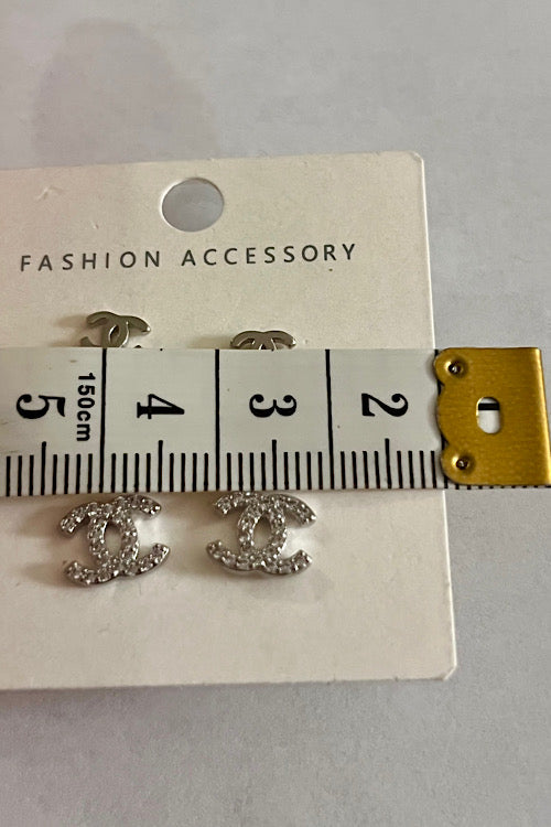 CC Logo Stud Earrings Set – Silver Tone & Crystal Fashion Earrings (2 Pairs)
