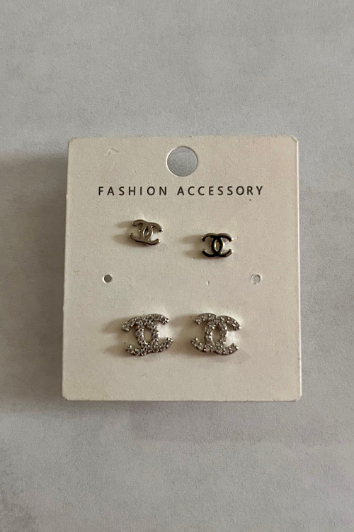 CC Logo Stud Earrings Set – Silver Tone & Crystal Fashion Earrings (2 Pairs)