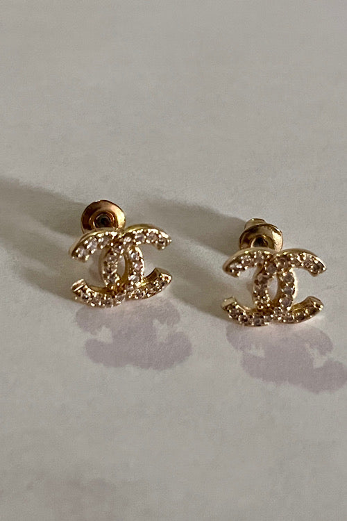 CC Logo Crystal Stud Earrings – Silver Tone Designer-Inspired Earrings