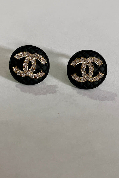 Black Quilted CC Crystal Logo Stud Earrings – Gold Tone Rhinestone Designer-Inspired Button Earrings