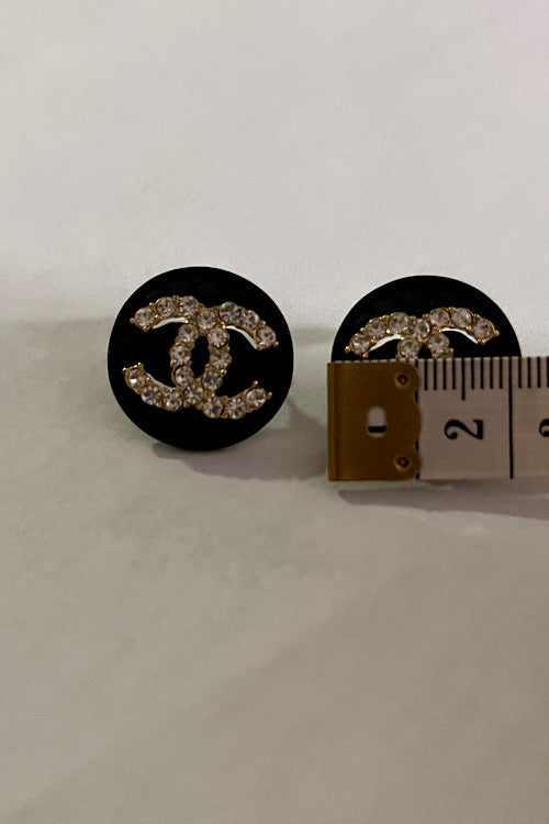 Black Quilted CC Crystal Logo Stud Earrings – Gold Tone Rhinestone Designer-Inspired Button Earrings