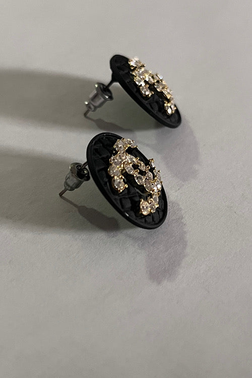 Black Quilted CC Crystal Logo Stud Earrings – Gold Tone Rhinestone Designer-Inspired Button Earrings
