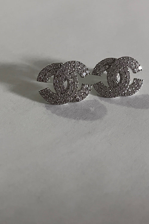 Sparkling Crystal Double-C Logo Stud Earrings – Silver Tone