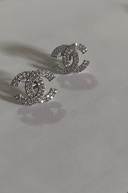 Sparkling Crystal Double-C Logo Stud Earrings – Silver Tone