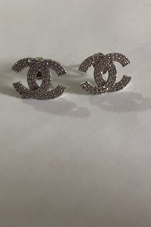 Sparkling Crystal Double-C Logo Stud Earrings – Silver Tone