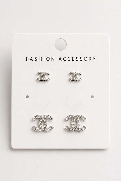 CC Logo Stud Earrings Set – Silver Tone & Crystal Fashion Earrings (2 Pairs)
