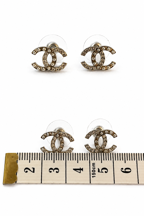 Elegant Pearl & Crystal Double-C Stud Earrings | Gold-Tone Designer-Inspired Earrings