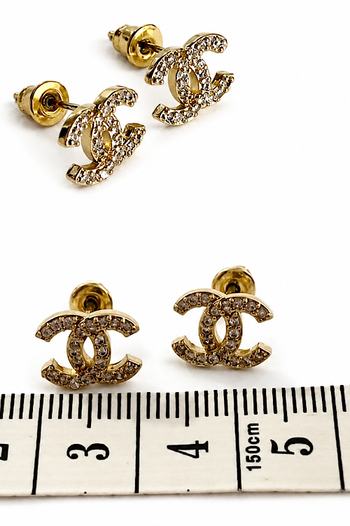 Gold-Tone Crystal CC Logo Stud Earrings – Elegant Designer-Inspired Sparkle