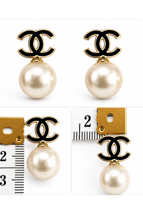 Black Enamel Double-C Pearl Drop Earrings, Stainless Steel, Nickel Free