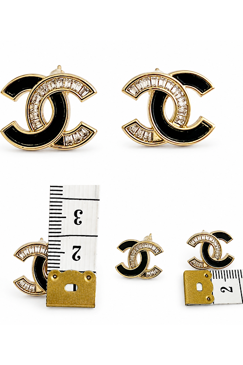 Black & Gold CC Silver Earrings Stud with Baguette Crystals, Nickel Free
