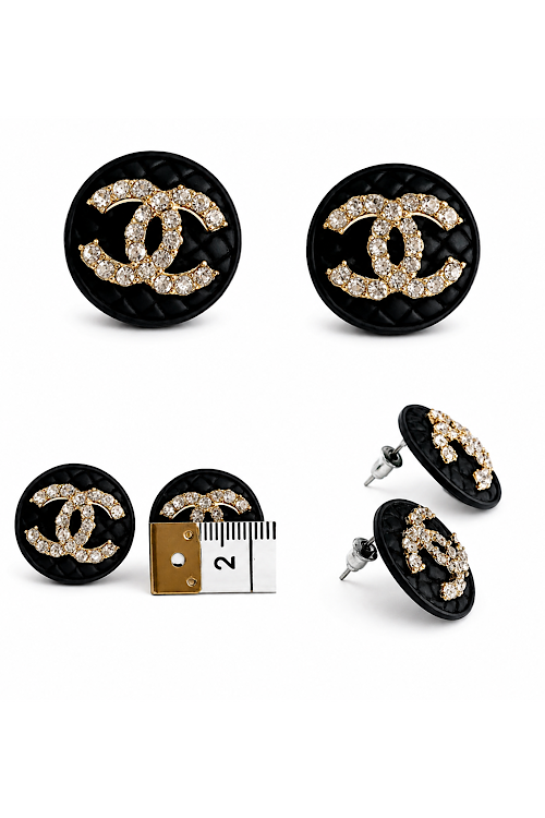 Black Quilted CC Crystal Logo Stud Earrings – Gold Tone Rhinestone Designer-Inspired Button Earrings