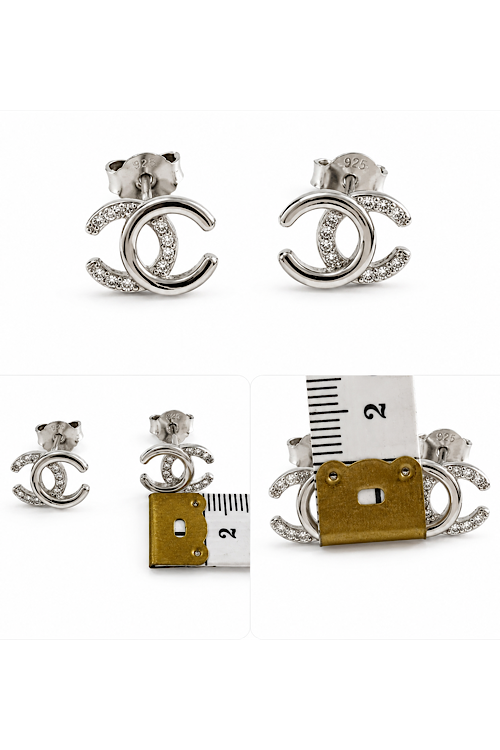 925 Italian Silver Crystal Double-C Dainty Stud Earrings, Nickel Free