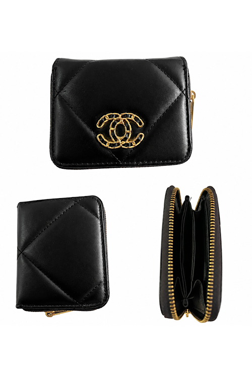 Black Quilted Zip Coin & Card Wallet