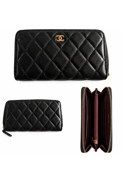 Black Quilted Zip-Around Wallet with Gold-Tone Hardware