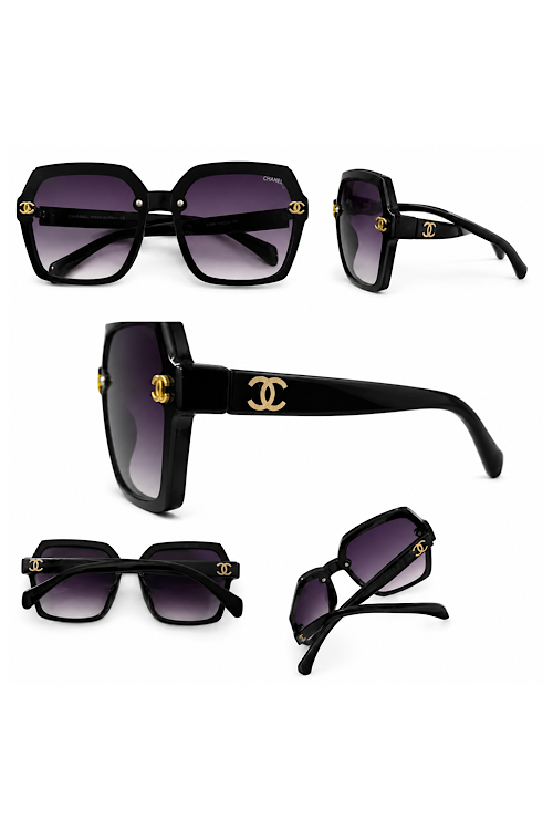 CC Oversized Geometric Sunglasses – Black Frame with Purple Gradient Lenses