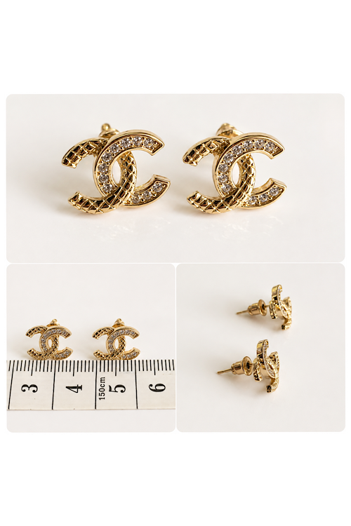 Gold Tone Crystal CC Stud Earrings