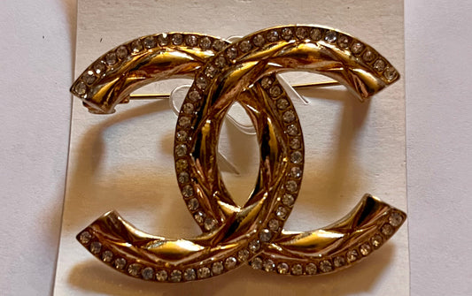 Gold Double C Crystal Brooch Pin